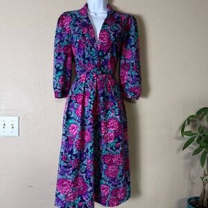 Vintage 90s Floral Wrap Dress Petite 6 Pink Teal Rayon Made USA